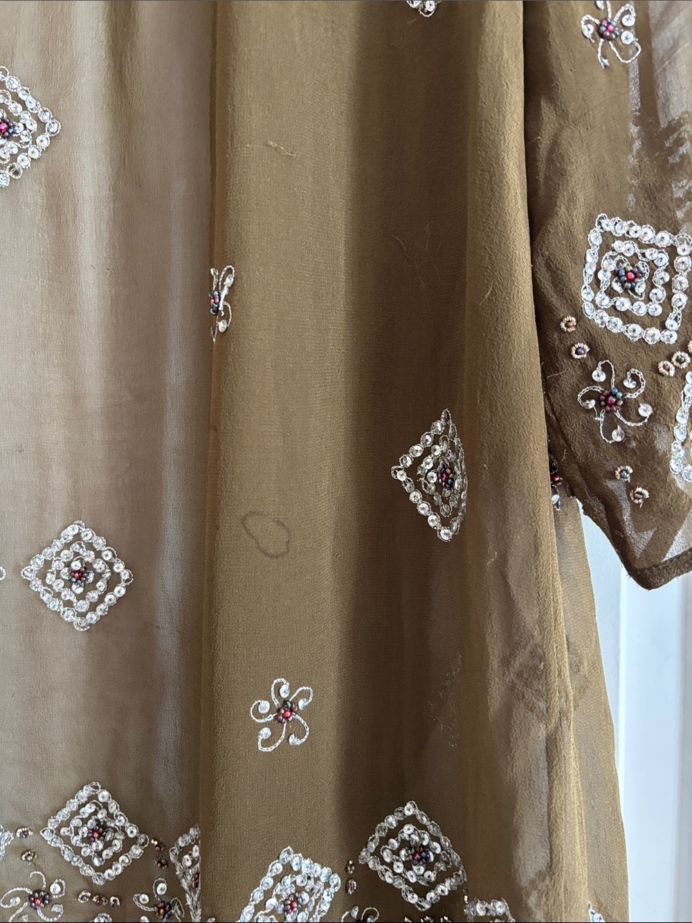 Calypso St. Barth Olive and Tan Textured Jeweled Silk Open Cardigan Small - Picture 6 of 10